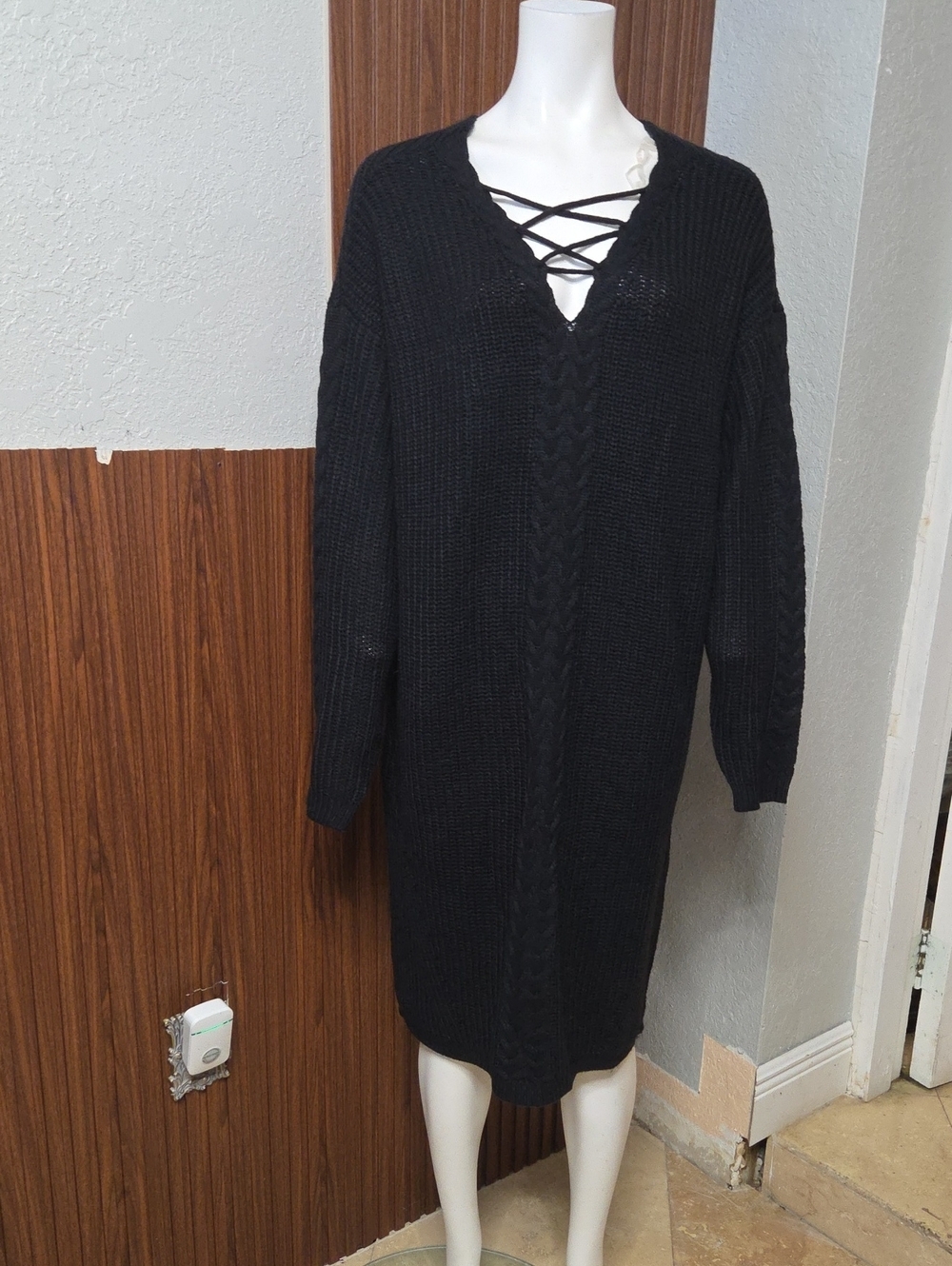 New Look Black Chunky Knit Lace Sweater Dress. 2xlarge [0020].